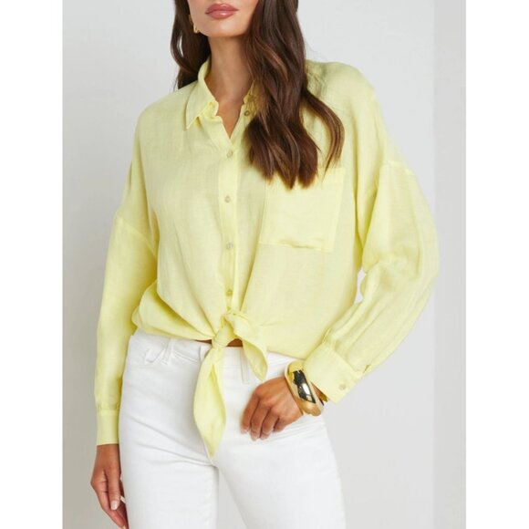 NEW L'Agence Large Talitha Tie Blouse Yellow Button Up Shirt Linen Blend Top - Picture 1 of 12